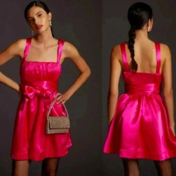 Maeve by Anthropolpgie Bow Tie Satin Mini Dress Barbie Pink, A-line size 14 - Picture 3 of 7